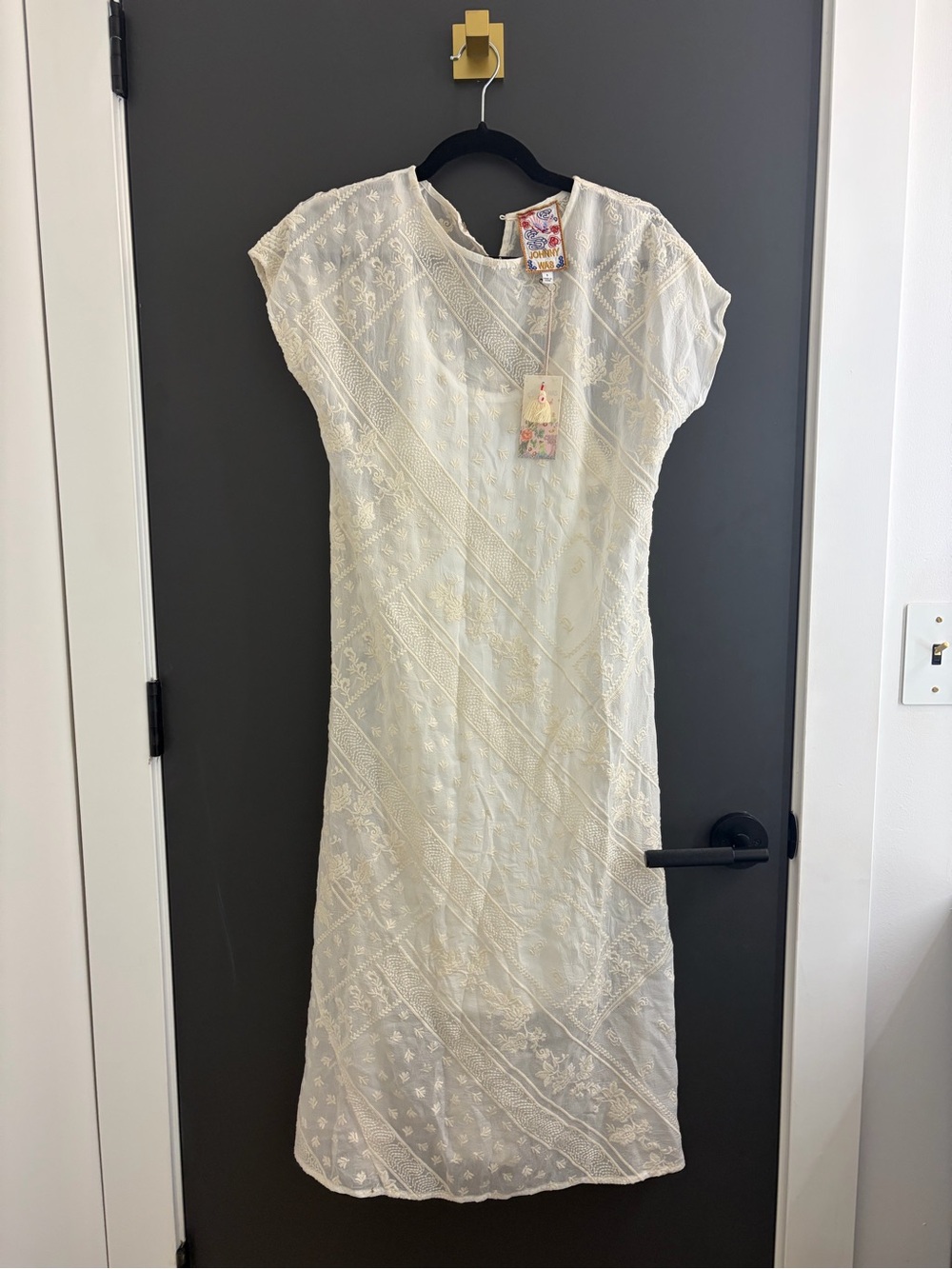Johnny Was Ivory Embroidered Cap-Sleeve Midi Dress